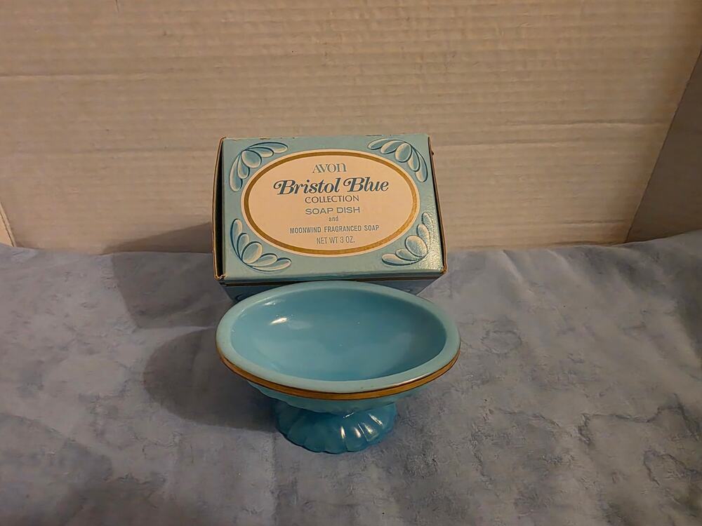 Vintage 1970s Avon Bristol Blue Opaline Glass Footed Soap Dish Gold Trim Box